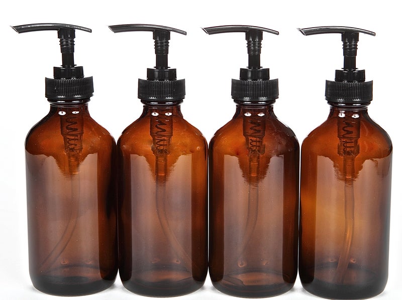 Vivaplex  4  Large  8 oz  Empty  Amber Glass Bottles with Black Lotion Pumps - Image 1